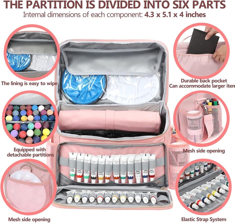 POCDUORG Store Acrylic Paint and Brush Set Organizer Bag - Carrying Case Compatible with Apple Barrel, Shuttle Art, Caliart Art Supplies - Includes Detachable Paint Brush Holder - for Home/Travel/Outdoor (Pro Pink) - Image 3